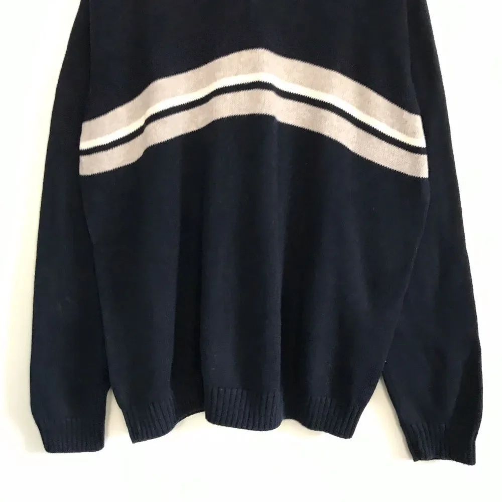 Vintage Bill Blass Menswear XXL Striped Navy Blue Knit Sweater Collared